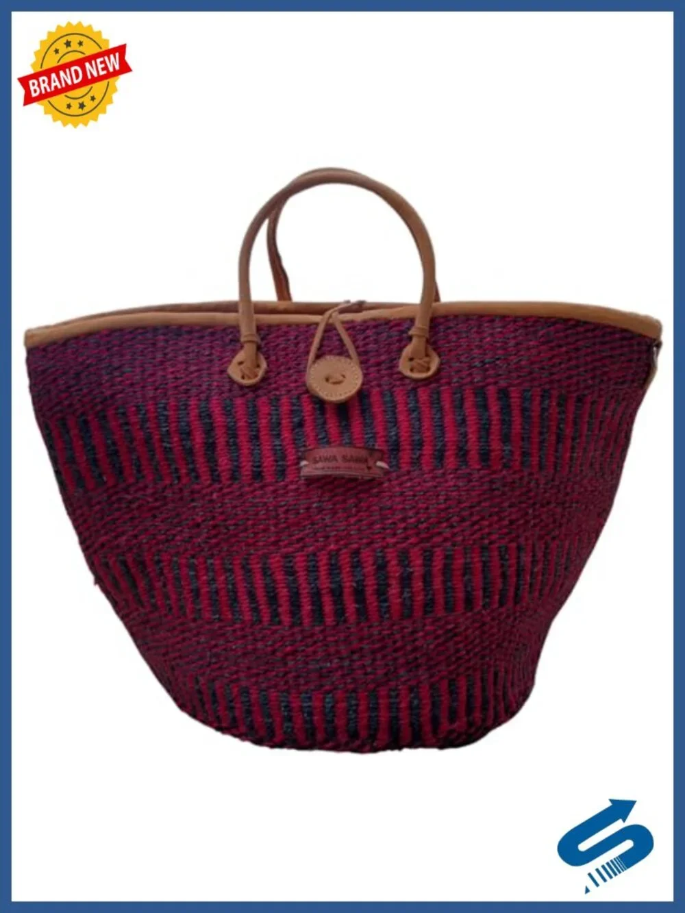 Handwoven Sisal Basket Tote Bag with Leather Handles